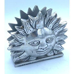 Sun Shaped Sculptured Silver Metal Napkin/Letter Holder Artifact Mexico